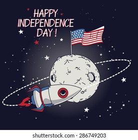 card for independence day with rocket on space, vector illustration