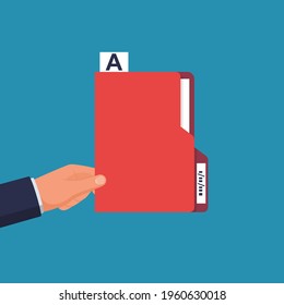 Card Index In Hand Icon. Directory Documents With Numbering. Archive Alphabetical Registration. Catalog Address. Colored Folders. Vector Flat Design. Isolated On Background. Organization File