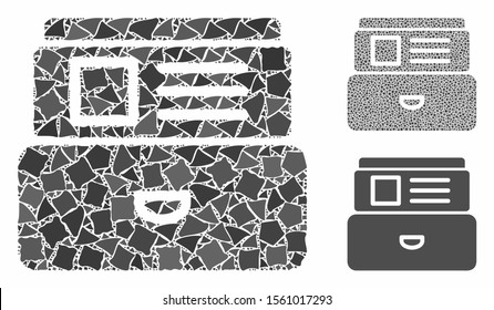 Card index mosaic of bumpy parts in various sizes and color hues, based on card index icon. Vector rough parts are organized into collage. Card index icons collage with dotted pattern.