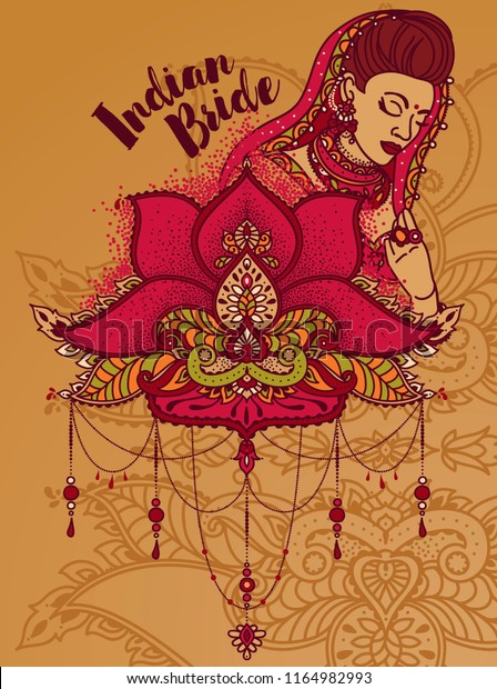 Card Indian Bride Stylized Lotus Flower Stock Vector Royalty Free