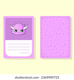 Card Inquisitive Cartoon Cute Monster With Horns with Front and Back and Blank Text Box	