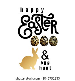 Card with the inscription "Happy Easter and Egg Hunt", realistic easter eggs and silhouette of Easter Bunny. White, black and gold foil. Vector illustration art. Template for creating festive products