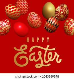 Card with inscription "Happy Easter" and realistic easter eggs. Red background and gold foil print. Vector illustration with symbols of religious holiday. Template for creating festive products