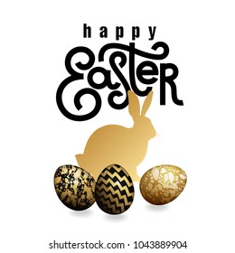 Card with the inscription "Happy Easter", realistic easter eggs and silhouette of Easter Bunny. White, black and gold foil. Vector illustration art. Template for creating festive products