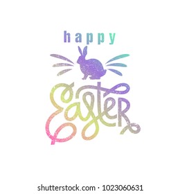 Card with the inscription "Happy Easter" and the silhouette of the Easter Bunny. Color image on white background. Vector illustration art. Template for creating festive products.
