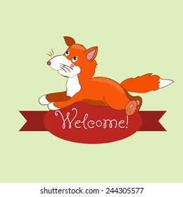 Card with the inscription on the tape Welcome and fox for your business.