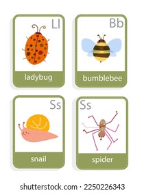 card with insects  spider,  ladybug,  snail, bumblebee, bee, vector set