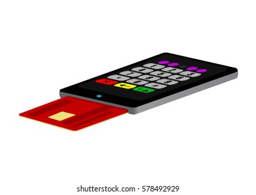 Card is inserted into the phone. Payment by card and mobile phone. Vector flat style illustration.
