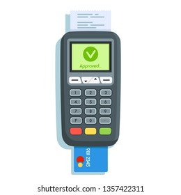 card inserted in the terminal to pay the bill. Modern flat style vector illustration clipart.