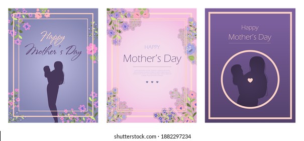 Card for the international mother s day. Vector illustration with text, flowers and greetings. A woman holds a little girl in her arms, mother and daughter.Happy Mother s Day. Card with beautiful