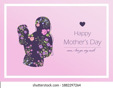 Card for the international mother s day. Vector illustration with text, flowers and greetings. A woman holds a little girl in her arms, mother and daughter.Happy Mother s Day. Card with beautiful