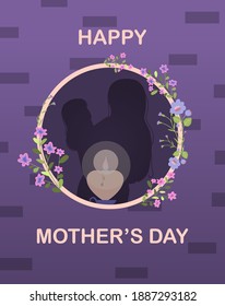 Card for the international mother s day. Vector illustration with text, flowers and greetings. A woman holds a little girl in her arms, mother and daughter.Happy Mother s Day. Card with beautiful