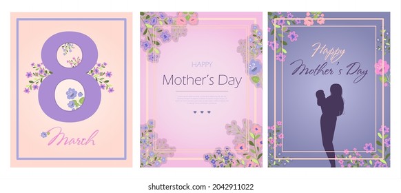 Card for the international mother s day Vector illustration for March 8 with flowers and greetings. Banner with the number 8 and text. A woman holds a little girl in her arms, mother and daughter