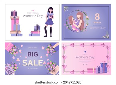 Card for the international mother s day Vector illustration for March 8 with flowers and greetings. Banner with the number 8 and text. A woman holds a little girl in her arms, mother and daughter