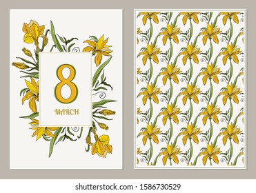 Card for international Women's Day 8 march with frame made of irises flower and leaves. Greeting card, banner in the delicate artistic style. Vector illustration.