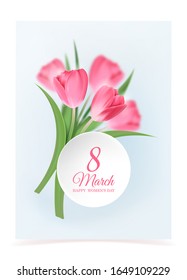 Card for the International Women's Day. Flyer for March 8 with tulips on a blue sky background. Flower vector greeting card. 