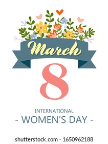 Card for International Women's Day. Flyer on March 8 with a decor of flowers. Template greeting card with red number 8 with a pattern of spring plants, leaves and flowers, with text. EPS 10