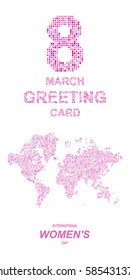 Card International Women's Day on 8 March. Abstract world map in a round and square dots. Flat vector illustration EPS 10