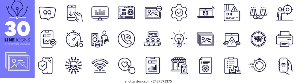 Card, Internet app and Scroll down line icons pack. Fast recovery, Money profit, Report document web icon. Printer, Execute, Quote bubble pictogram. 5g notebook, Tips, Idea. Timer. Vector