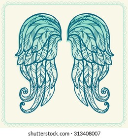 Card or invitation with angel wings. Freehand drawing.