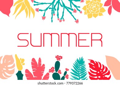 Card, invitation, banner with cacti, succulents and tropical leaves. Mammilia, prickly pear, haworthia, hathira, aloe, palm, monstera, hibiscus. Vector illustration.