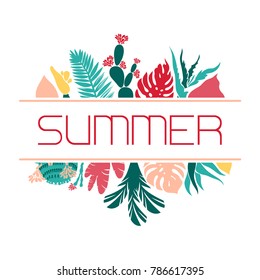 Card, invitation, banner with cacti, succulents and tropical leaves. Frame with tropical plants. Mammilia, prickly pear, haworthia, hathira, aloe, palm, monstera, hibiscus. Vector illustration.