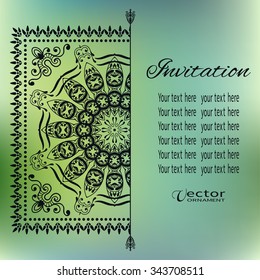 Card or Invitation with black Mandala decorative ornament, tribal ethnic arabic indian motif, floral geometric pattern. Vintage design element on blurred background