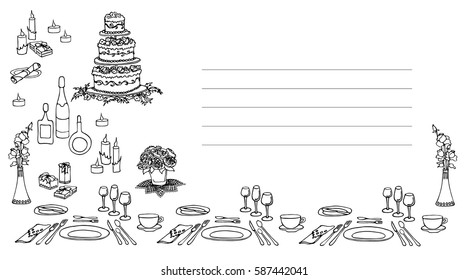 Card invitation to the celebration of hand drawn cake, food, drink, flowers, candles and gifts, vector doodle in black lines on white background,  