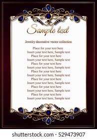 Card, invitation, certificate or a menu with a golden frame of jewels blue
