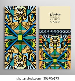 Card or Invitation collection with floral and geometric pattern. Vector abstract background. Vintage decorative Mandala elements. Hand drawn Islam, Arabic, Indian ornament.