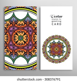 Card or Invitation collection with floral and geometric pattern. Vector abstract background. Vintage decorative Mandala elements. Hand drawn Islam, Arabic, Indian ornament.