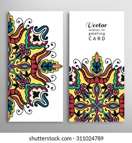 Card or Invitation collection with floral and geometric pattern. Vector abstract background. Vintage decorative Mandala elements. Hand drawn Islam, Arabic, Indian ornament.