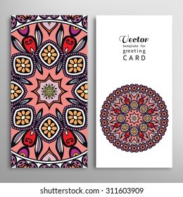 Card or Invitation collection with floral and geometric pattern. Vector abstract background. Vintage decorative Mandala elements. Hand drawn Islamic arabic indian ornament.