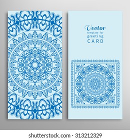 Card or Invitation collection with floral and geometric pattern. Vector abstract background. Vintage decorative Mandala elements. Hand drawn Islamic arabic indian ornament.