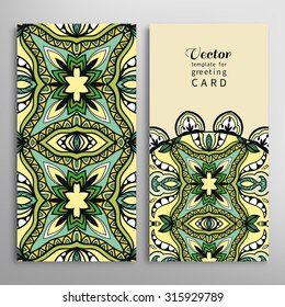 Card or Invitation collection with floral and geometric pattern. Vector abstract background. Vintage decorative ornament. Hand drawn arabic indian motif.
