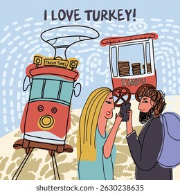 Card, invitation, Couple walking, sightseeing in Turkey, childish style, hand drawn, line drawing, texture. Vector illustration.