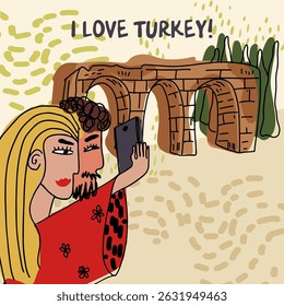 Card, invitation, Couple walking, sightseeing in Turkey, childish style, hand drawn, line drawing, texture. Vector illustration.