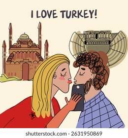 Card, invitation, Couple walking, sightseeing in Turkey, childish style, hand drawn, line drawing, texture. Vector illustration.
