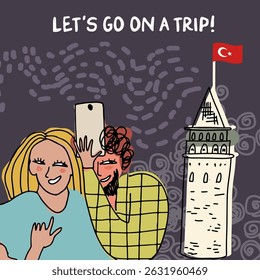 Tarjeta, invitación, Pareja caminando, turismo en Turquía, estilo infantil, dibujado a mano, dibujo de líneas, textura. Ilustración vectorial.