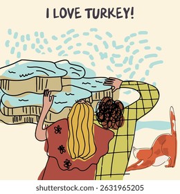 Card, invitation, Couple walking, sightseeing in Turkey, childish style, hand drawn, line drawing, texture. Vector illustration.