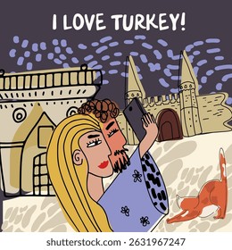 Card, invitation, Couple walking, sightseeing in Turkey, childish style, hand drawn, line drawing, texture. Vector illustration.