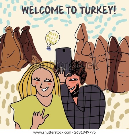 Card, invitation, Couple walking, sightseeing in Turkey, childish style, hand drawn, line drawing, texture. Vector illustration.