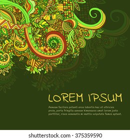 Card or invitation, cover. Boho style, ornament. Vintage decorative elements. Abstract floral herbal natural plant pattern, print on a dark green background. Ethnic, Indian, fantasy ottoman motifs