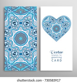 Card, Invitation, cover design. Colorful ornate heart and hand drawn mandala seamless pattern. Vector template for wedding, bridal, Valentine's day, thank you, greeting cards or birthday invitations