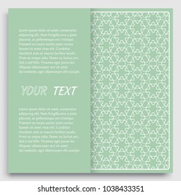 Card, Invitation, cover template design, line art background. Abstract geometric pattern with place for the text. Tribal ethnic ornament in arabic style. Christmas, New Year card decoration'