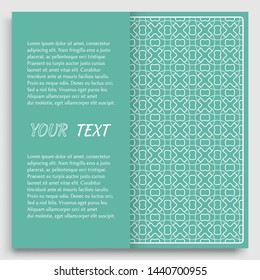 Card, Invitation, cover template design, line art background. Abstract geometric pattern with place for the text. Tribal ethnic ornament in arabic style. Christmas, New Year card decoration