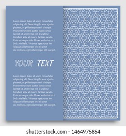 Card, Invitation, cover template design, line art background. Abstract geometric pattern with place for the text. Tribal ethnic ornament in arabic style. Christmas, New Year card decoration