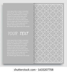 Card, Invitation, cover template design, line art background. Abstract geometric pattern with place for the text. Tribal ethnic ornament in arabic style. Christmas, New Year card decoration