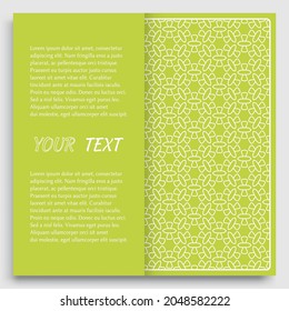 Karte, Einladung, Cover-Template-Design, Line-Art-Hintergrund. Abstraktes geometrisches Muster mit Platz für den Text. Ethnische Stammesverzierungen im arabischen Stil. Weihnachten, Silvester-Kartendekoration