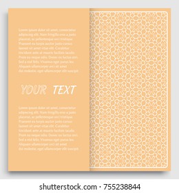 Card, Invitation, cover template design, line art background. Abstract geometric pattern with place for the text. Tribal ethnic ornament in arabic style. Christmas, New Year card decoration